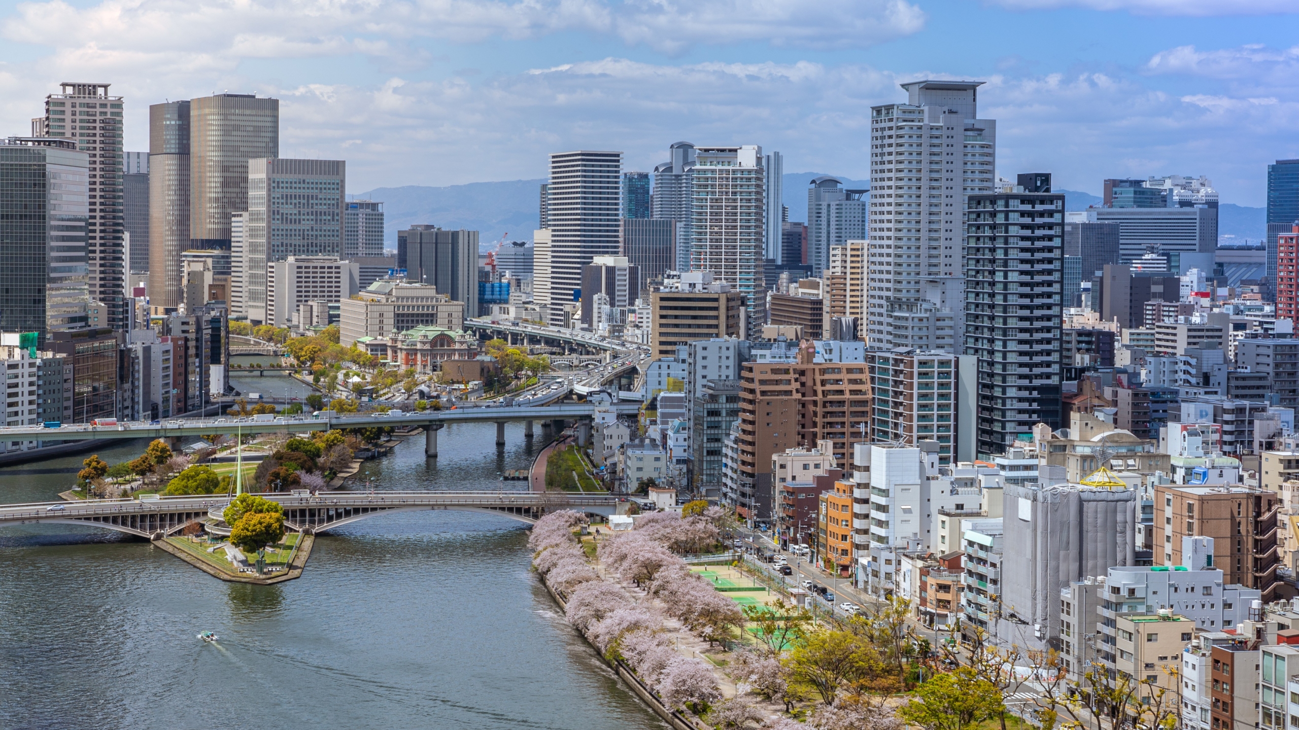 Aerial view of Osaka city from sky building. Bird eye view of cityscape at Japan