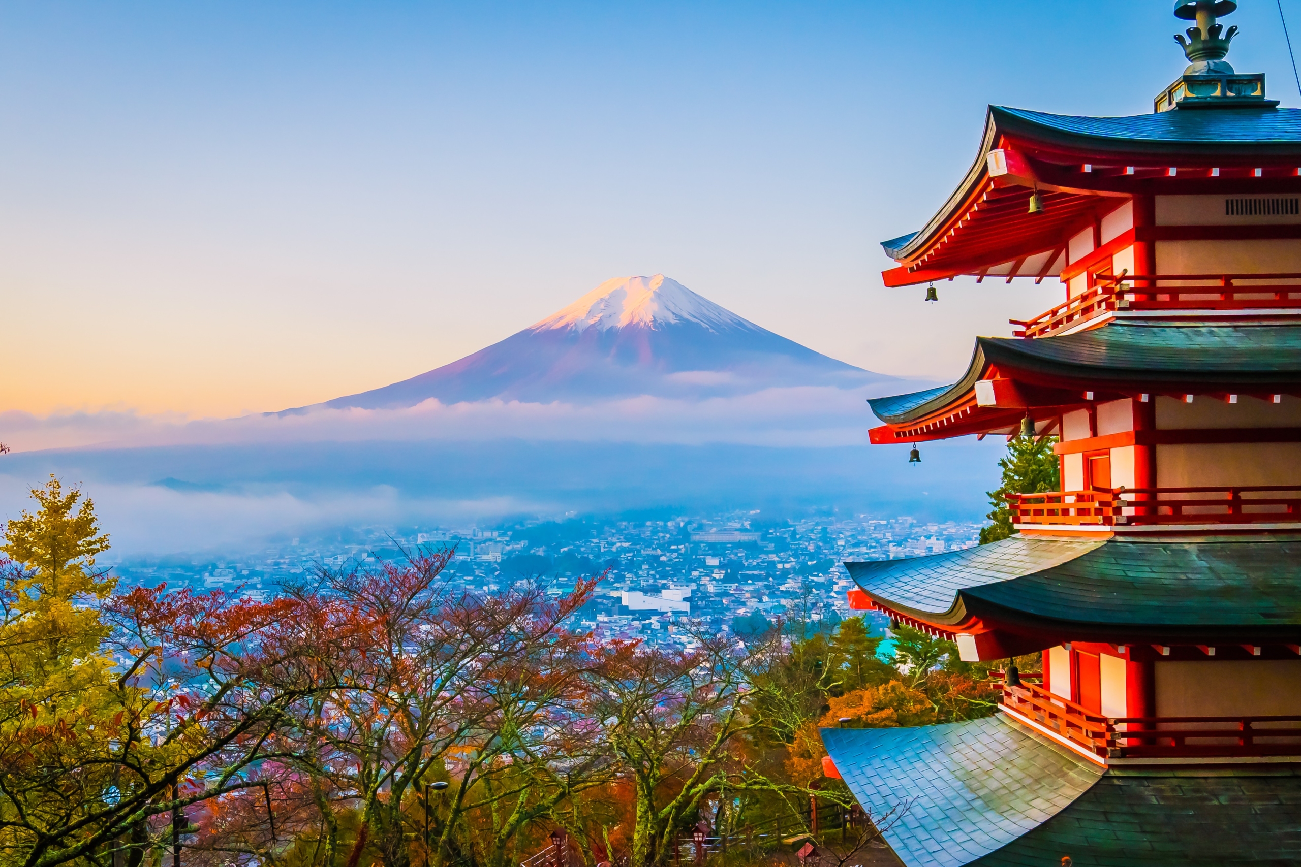 Beautiful landscape of mountain fuji with chureito pagoda around