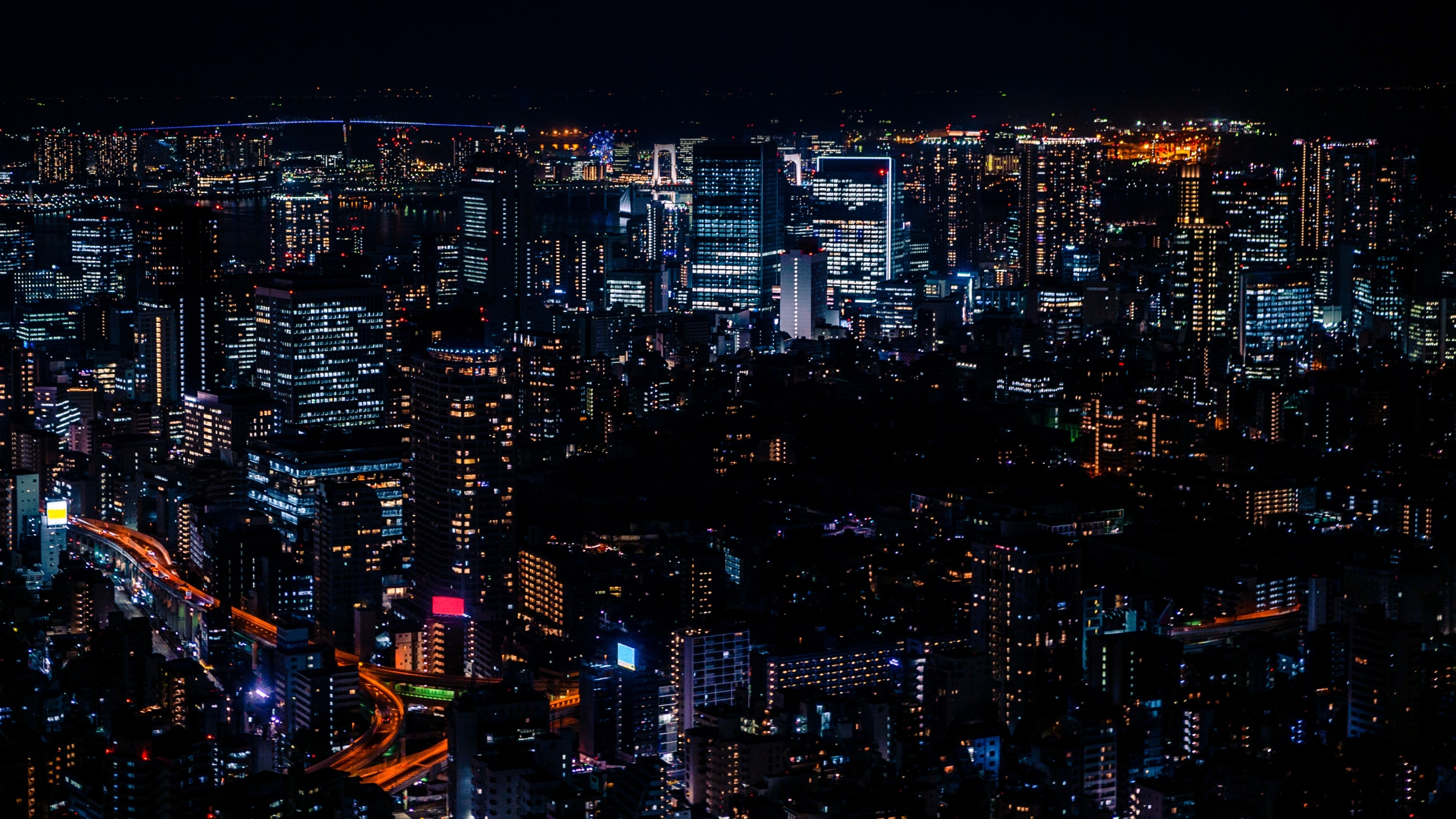 Japan modern urban skyline at night aerial overlooking of beautiful Tokyo city.