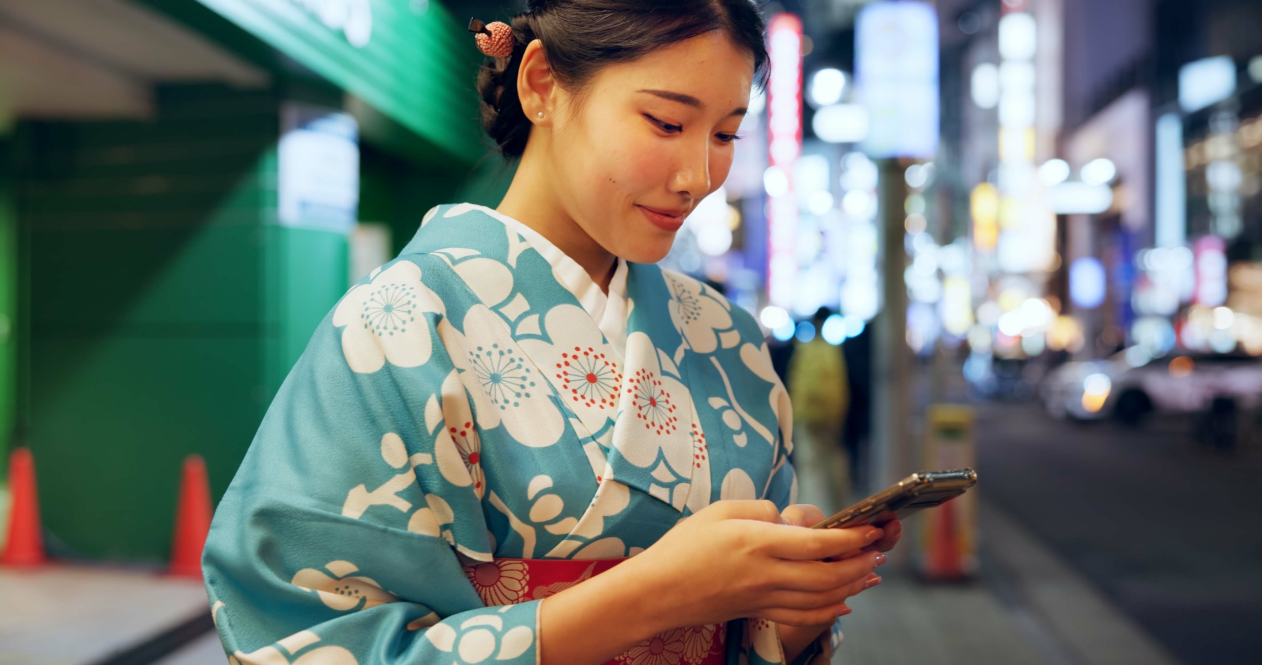 Road, Japanese woman and smartphone with typing, contact or digital app with traditional clothes. P