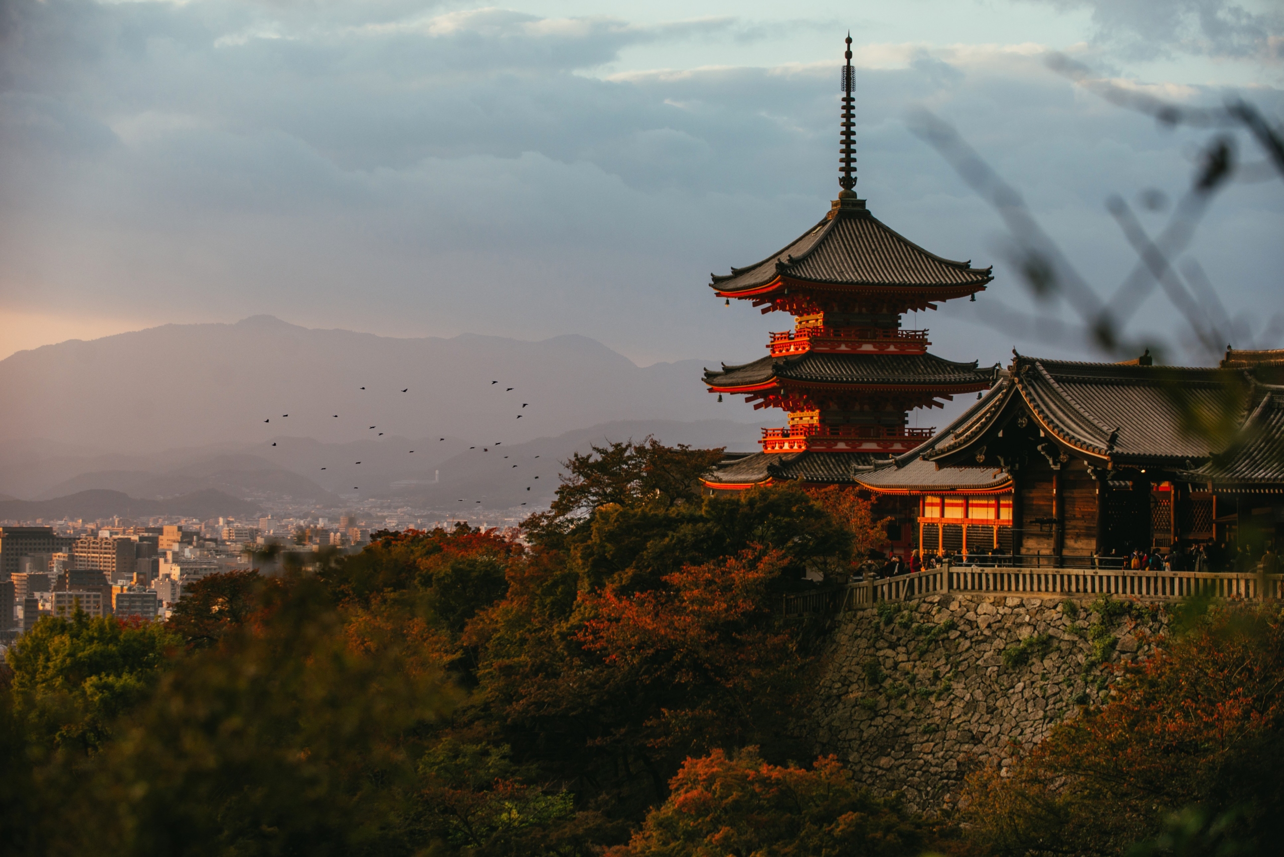Historic temple on the hills in Kyoto, kiyomizudera pagoda at sunset time